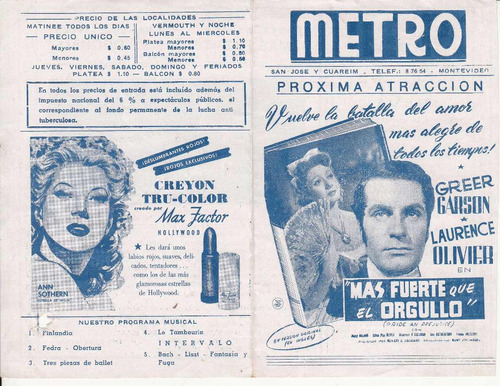 1948 Programa Cine Metro Pride And Prejuice Garson Olivier