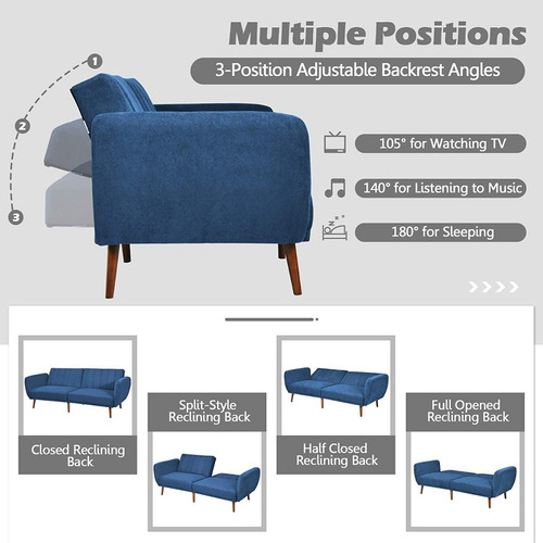 Sofa Cama Convertible 83p Tela Color Azul Marca Powerstone