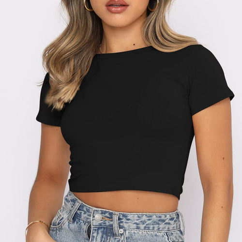 Mujer Tops Camisetas Crop Lindo Moda Básico Ajustado Cuello