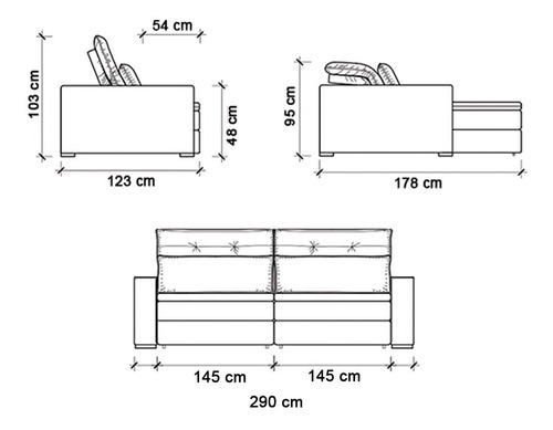 Sofá Retrátil E Reclinável 290cm 2 Lugares Detroit T02 Couro Cor Preto Desenho Do Tecido Liso