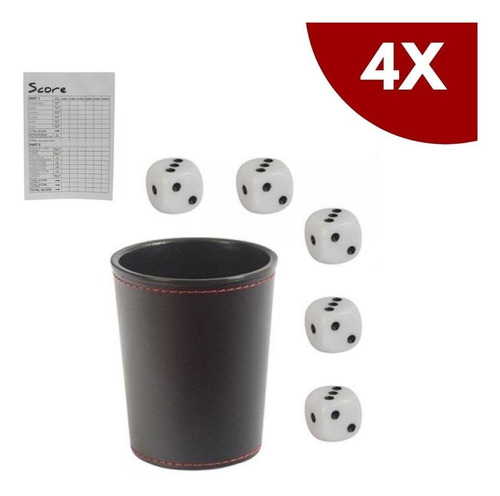 Set De 4 Vasos Cacho Pvc Ecocuero Con 5 Dados