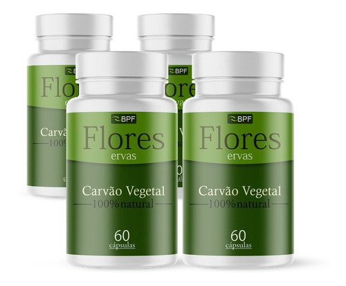 Carvão Vegetal Ativado Puro Em Cápsulas/ 500mg Kit 4 Potes Sabor Neutro