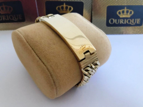 Bracelete Ouro 18k Com Placa Pulseira Grumet Duplo Luxo