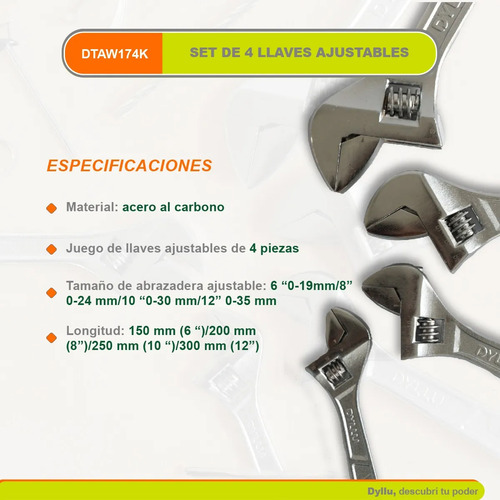 Set Llave Ajustable Apriete 4 Piezas 6, 8, 10, 12 Dyllu