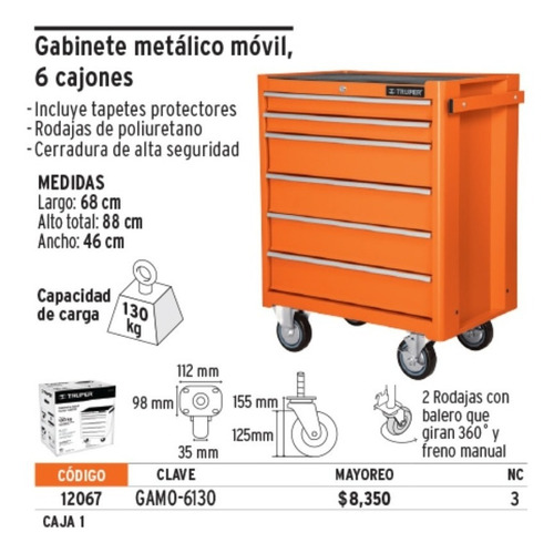 Gabinete Metálico Movil Truper 12067 6 Cajones 130 Kg Oferta