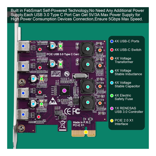 Febsmart 4 Puertos Usb-c De 5 Gbps Pci Express Usb 3.0 Card