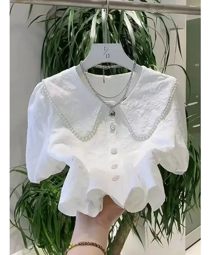 Blusa De Tweed De Manga Corta Con Cuello Peter Pan Para Muje