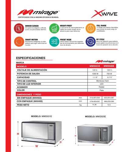 Microondas, Xwave, Mwd031e, 1.1 Ft3, Acabado Espejo.