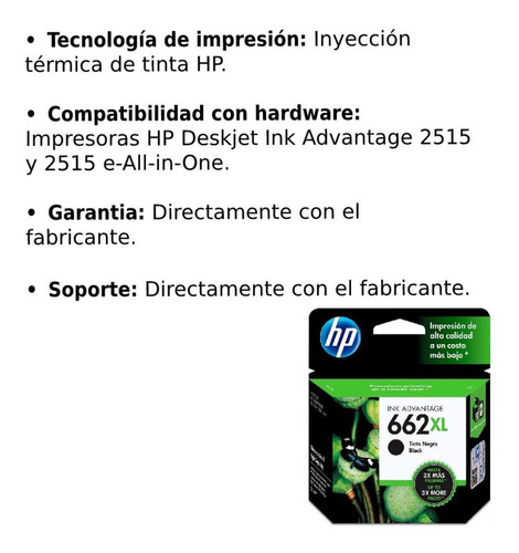 Imagen 3 de 5 de Cartucho De Tinta Hp 662xl Negra