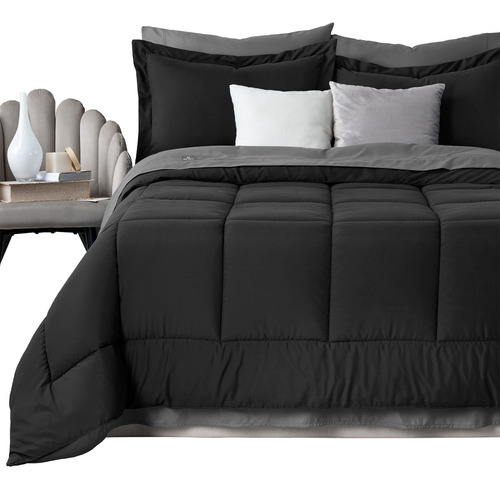 Set 7 Pz Edredón King Size Xl + Fundas+ Sábanas Real Textil Color Negro - Gris