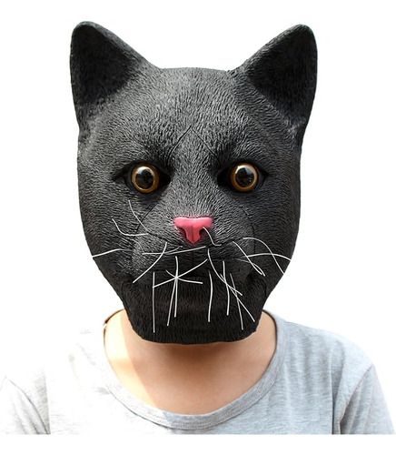 Cabeza Gato Latex Novedosa Lujo Para Halloween Negro