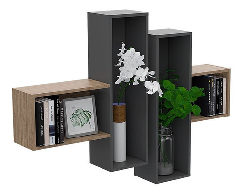 Repisa Frello, Plata Oscuro y Miel, con Múltiples Entrepaños Para Ubicar Objetos