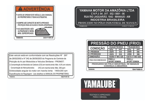 Fazer Yamaha 250 - Etiquetas De Advertência - Frete Grátis