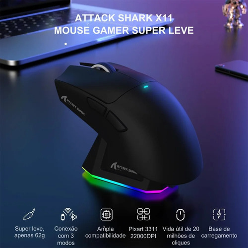 Mouse Gamer Attack Shark X11 Preto 22000dpi Usb E Bluetooth Preto