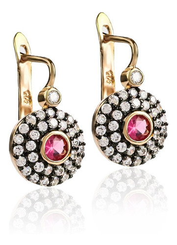 Aretes De Plata Con Ruby Baño De Oro Rosa Diseño Antigua