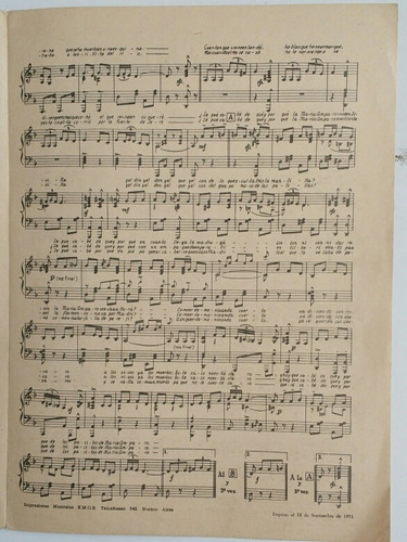 Antigua Partitura De María Amparo Pasacalle Canción 1951 (Usado)