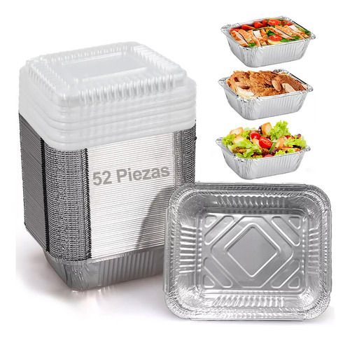 Molde De Aluminio Desechable Con Tapa 16.5 X 13 Cm 52 Piezas