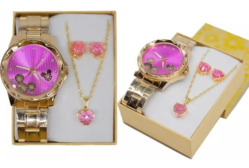 Relógio Feminino Dourado + Kit Colar E Brinco Foliado + Caix