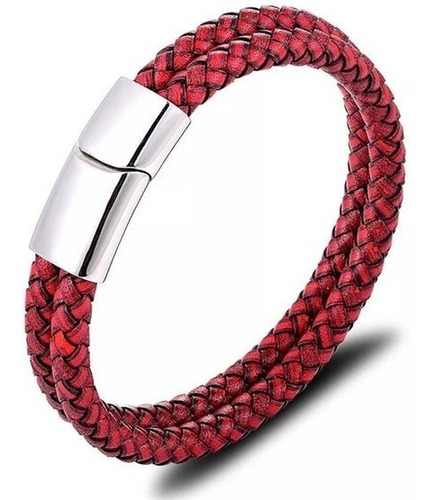 Pulsera De Cuero Rojo And Silve Hombre Mujer Moda 2021