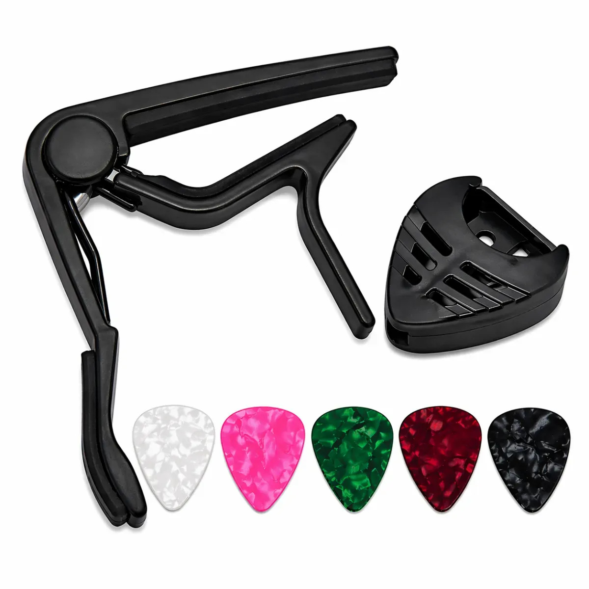 Kit Capotraste Pestana Braçadeira Violão Guitarra Ukulele + Porta Palhetas + 5 Palhetas Bertô