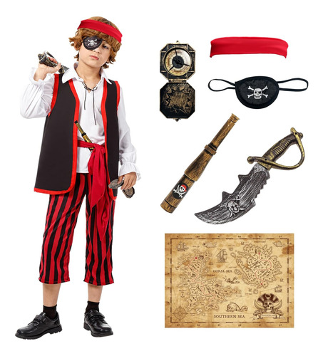 Disfraz De Pirata Rudo Para Niño Talla 10-12 Años-negro/rojo