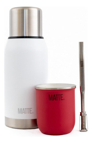 Set Termo Matte White 750cc + Mate Steel + Bombilla 