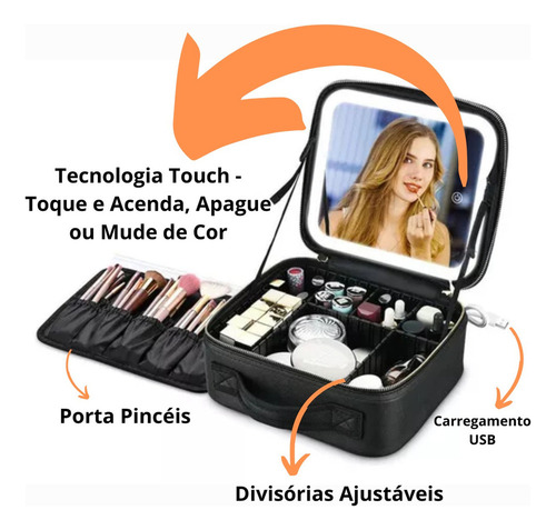 Bolsa De Cosméticos Portátil Para Viagem Com Luz E Espelho