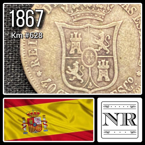 España - 40 Céntimos - Año 1867 - Km #628 - Plata .810