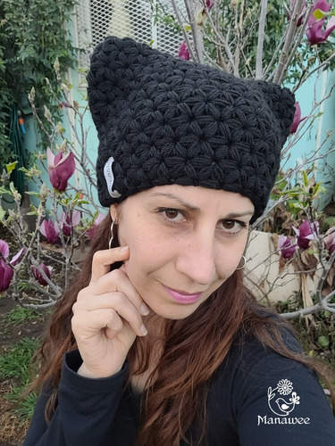 Gorro Manawee Mujer Con Orejas Gato Tejido Crochet