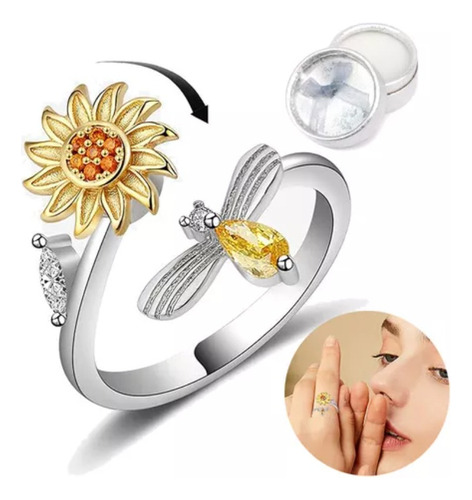 Anillo Flor Girasol Giratorio Plata 925 Antiestres Circonio