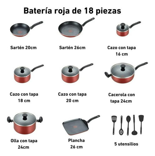 Batería De Cocina T-fal Initiatives Con 18 Pzas
