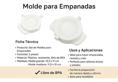 Moldes Para Hacer Empanadas 13.5x11cm Y 11.5x10cm Set 4 Pzas Blanco
