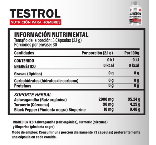 Imagen 2 de 8 de Ashwagandha Platinum 2100mg Testrol 3 In 1 90 Cápsulas