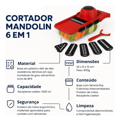 6 Em 1 Cortator De Legumes Mandoline Multifuncional Vermelho
