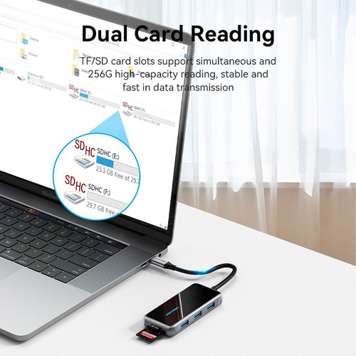 Hub Usb Multipuerto Vention - 7 En 1 - Usb C A Hdmi + 3 Puertos Usb 3.0 + Lector De Tarjetas Sd Tf + Power Delivery 100w Usb C - 4k - Carcasa Aluminio - 15 Cm - Premium Para Pc / Mac / Laptop - Tfmhb