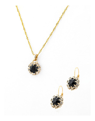 Arete Y Collar Circular The Golden Store Chapa De Oro 18k Negro