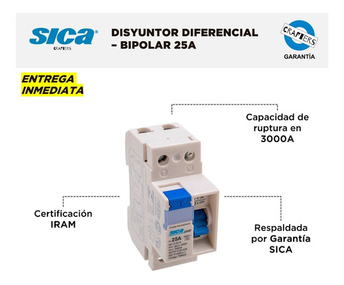 Imagen 2 de 6 de Disyuntor Diferencial Sica - Bipolar 25a - Garantía Oficial