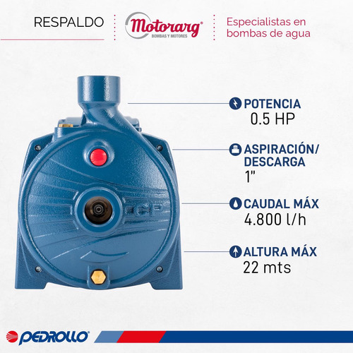 Bomba Centrífuga Pedrollo Cpm130 0.5hp 22mts 4800 L/hs 0.5 H
