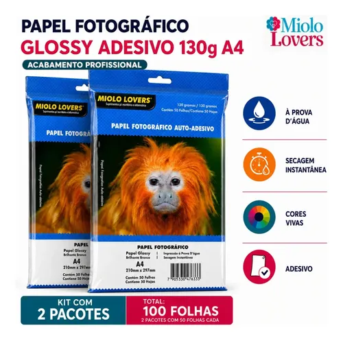 Papel Fotográfico Adesivo 130g A4 Glossy Kit 100 Folhas Masterprint Cor Branco By MIOLO LOVERS