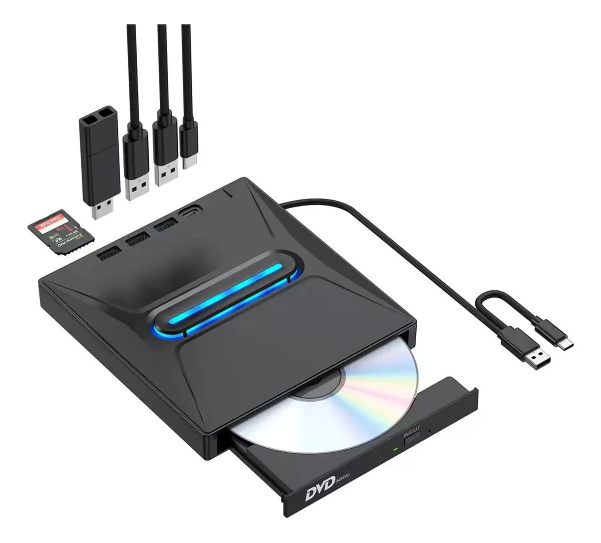 Gravador e Leitor Dvd Externo USB 3.0,Portátil, Plug And Play,Leitor e Gravador de Dvd Externo,Para Laptop Compatível com Cabo USB 3.0 e USB C