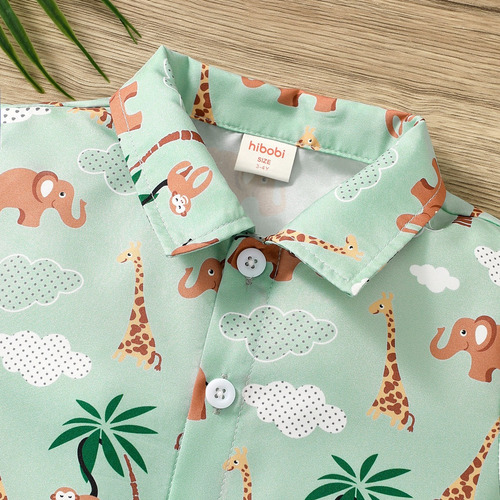 Conjunto 2 Pcs Con Camisa Estampado Animal Y Shorts Niños Verde Claro 18-24 M