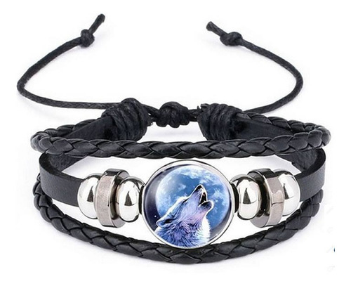 Pulsera Hombre  Lobo Aullando Cuero Negra  Chic Fashion Moda