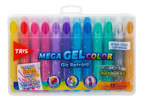 Giz De Cera Retrátil Mega Gel Color 12 Cores Metalicas Tris