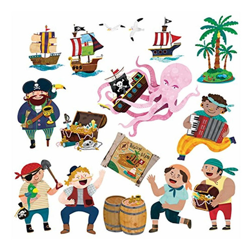 Adhesivos De Pared Piratas Para Niños Con Isla Del Tesoro.