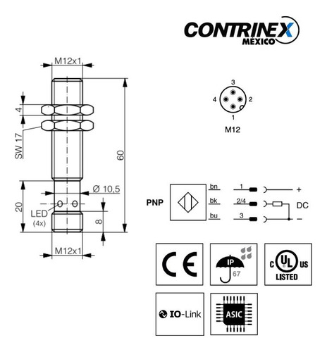 Sensor Inductivo M12 4 Pin Pnp 8mm Dw-as-523-m12 Contrinex
