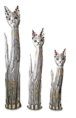 Imagen 1 de 5 de Set Estatuas Gatos Madera De Albesia Pintados A Mano