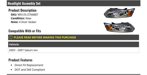 Juego De 2 Faros Delanteros Compatibles Con Saturn Ion 4 Pue