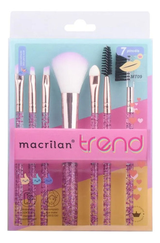 Kit Com 7 Pincéis De Maquiagem Macrilan Trend Brilhante Rosa Cor Rosa Brilhante