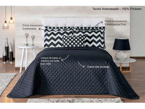 Kit Edredon Queen 6 Peças Chevron Casaborda 128 Preto Ca