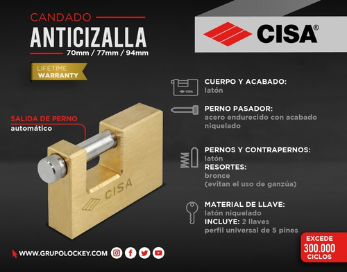 Imagen 7 de 10 de Candado Anticizalla De 77mm Con 3 Llaves M6 Bronce